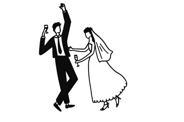An illustration of a pint glass and a wine glass toasting